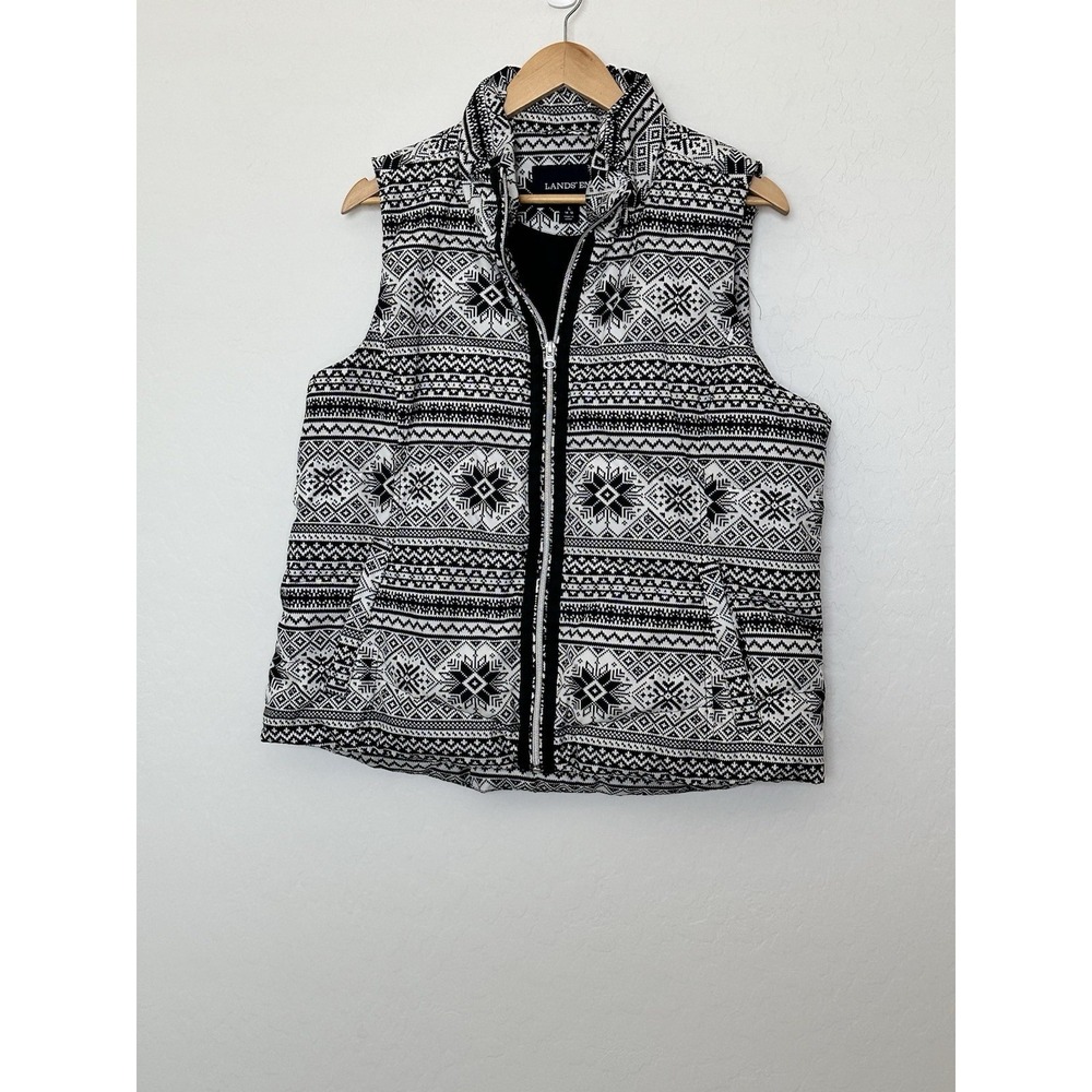Lands End Down Puffer Vest Fair Isle Print Black and White with‎ Pocket SZ L